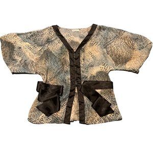 Violin Kimono Style Button Up Front All Over Print Belted Blouse Size Small
